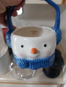 Snowman Ceramic Bowl with Blue Scarf Handle