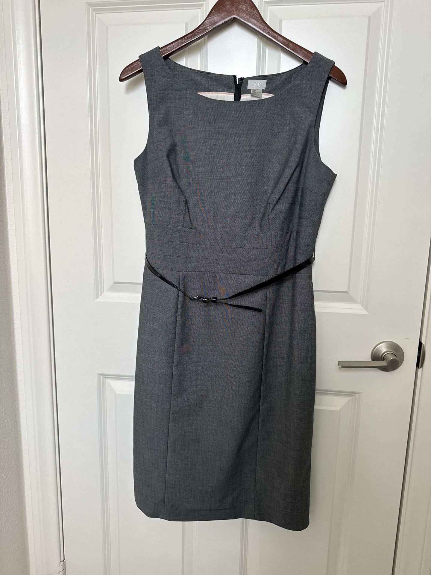 H&M Work Belted Sheath Shift Dress Business Professional Sleeveless Gray Sz 12