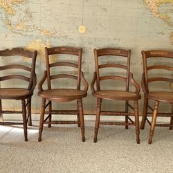 Chairs (4): Antique Caned Seats-Hip Rests-Inlaid Backrest-Spindle Legs