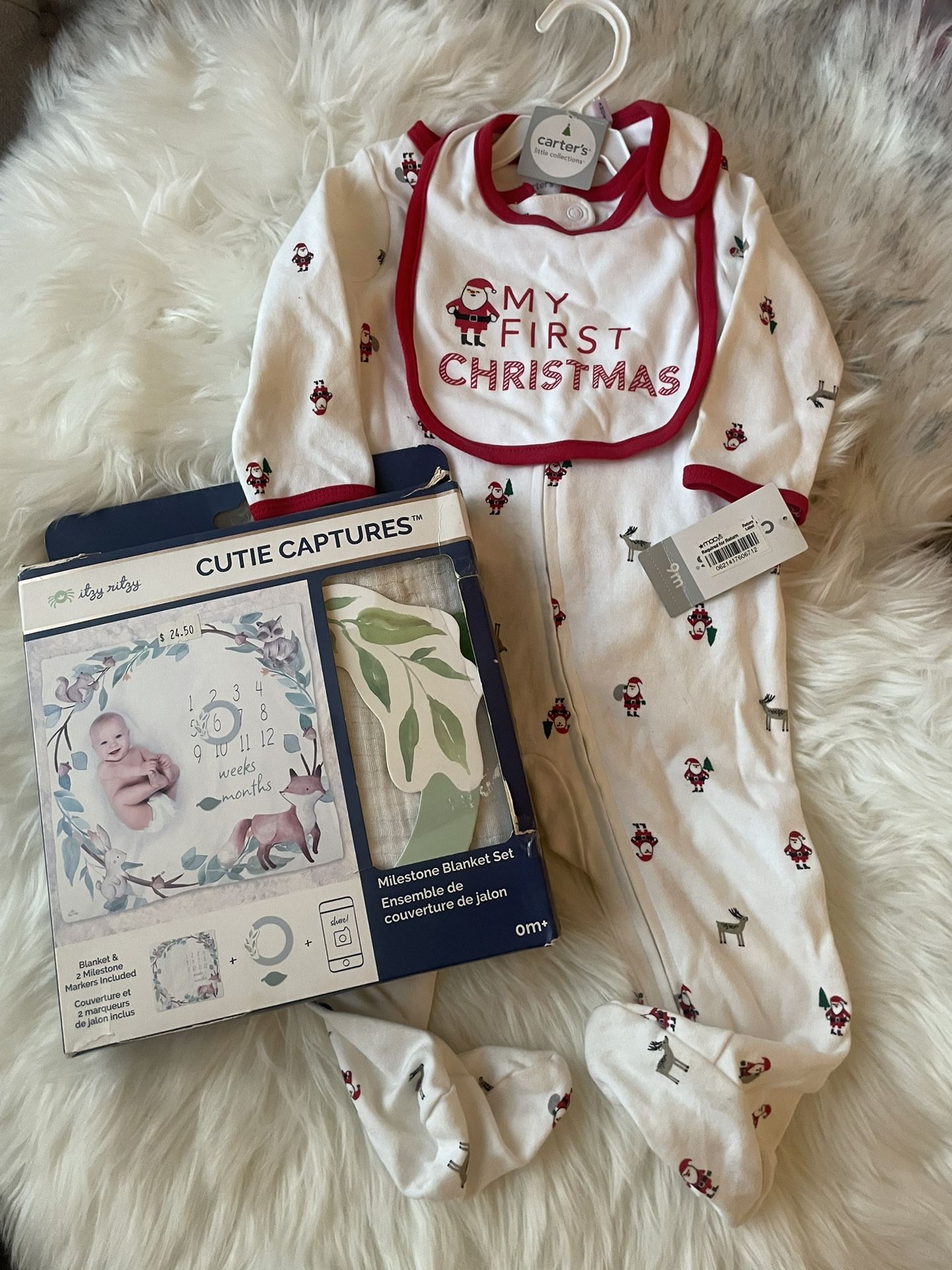 My First Christmas Onesie With Matching Bib~cutie Captures Blanket Set