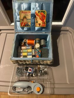 Vintage sewing kit with old & new items - thread, needles, fabric cutter, thimbles,  USA JAPAN