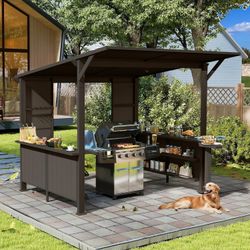 9X10FT Hardtop Grill Gazebo, Lean to Outdoor BBQ Gazebo with Storage Shelves and Expansion Platform, Galvanized Steel Permanent Hard top Grill Canopy 
