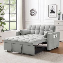 Velvet Pull Out Sleeper Sofa Bed, Convertible Futon Couch Bed with Adjustable Backrests, 3 in 1 Modern Loveseat with 2 Pockets and Pillows, Small Love