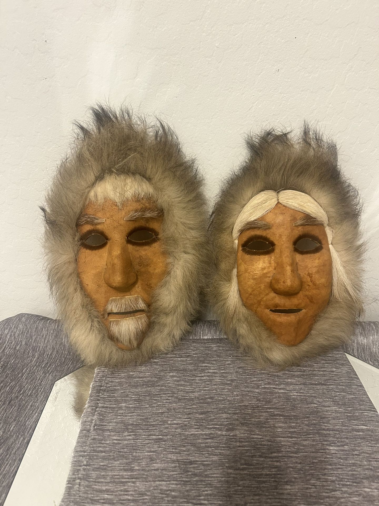 Vintage Eskimo Inuit Alaskan Caribou Skin and Fur Masks Man & Woman Couple
