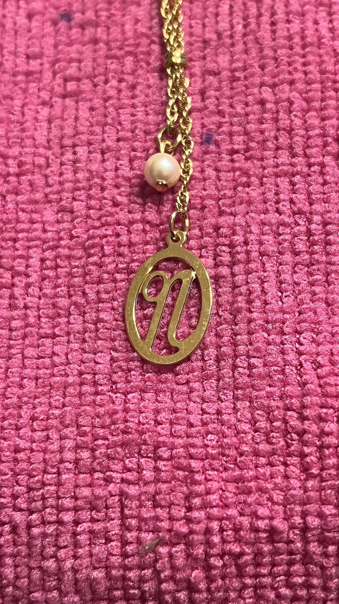 Vintage Avon Gold Tone Chain Faux Pearl Monogrammed Initial n Pendant Necklace, New Never Been Used 