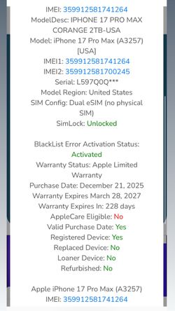 iPhone 17 Promax deep blue 2TB