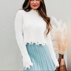 Fashion Nova Women’s Fringe Hem Mock Neck Pullover Sweater Ivory Size Large