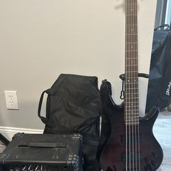 5 String Bass Guitar And Practice Amp With Stand