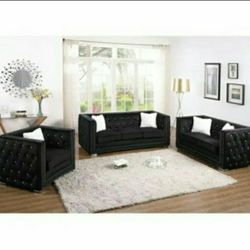 3 Piece Sofa Set Sofa, Loveseat & Chair Black Velvet Crystal Tufted Nailhead Trim All Around 5 Accent Pillows Firm Price $2,300 Financing Available 