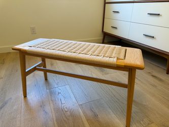 Mid-Century Wood Bench with Woven Seat