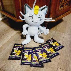 Alolan Meowth Pokemon Plush Official TOMY with 6 Packs Trick and Trade Pokemon Cards Unopened