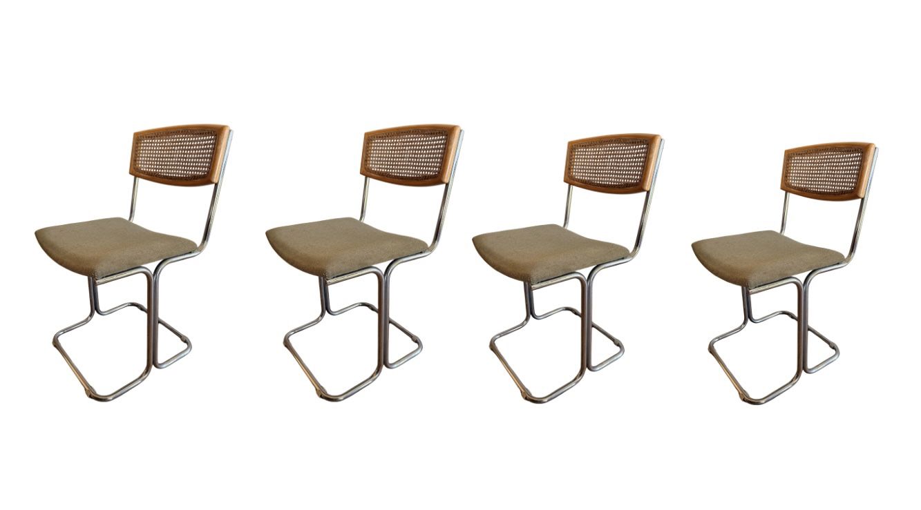 Seth Of 4 Vintage Chrome & Cane Cantilever Chairs 
