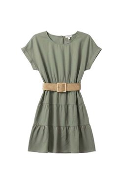 Sage Short Sleeve Tiered Dress with Belted Waist