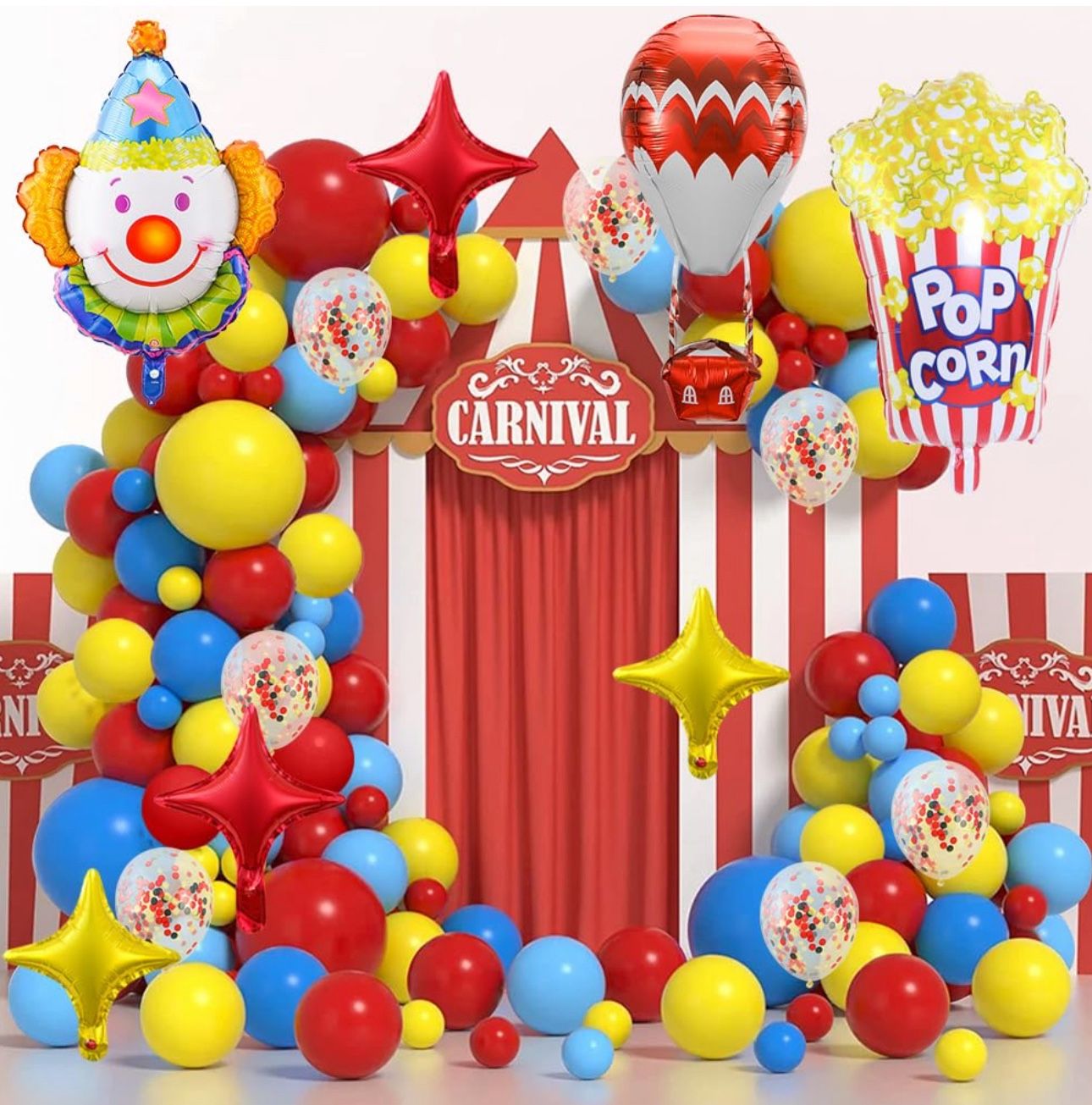 Carnival Circus Balloon Garland Arch Kit,113Pcs Red Blue Yellow Carnival Balloon,Clown&Popcorn&Hot Air Balloon for Carnivals Circus Themed Party