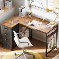 40 inch Computer Desk with 4 Fabric Drawers — Home Office Desks with Storage, Writing Desk with Side Hook, Desk Study/Work Table for Bedroom and Small