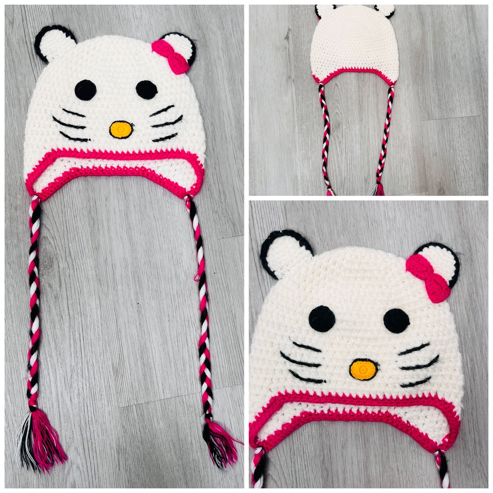 Homemade Pink And White Hello Kitty Girls Beanie Hat 