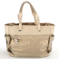 CHANEL Biarritz Side Pocket Tote GM in Quilted Metallic Canvas with Pouch - EUC
