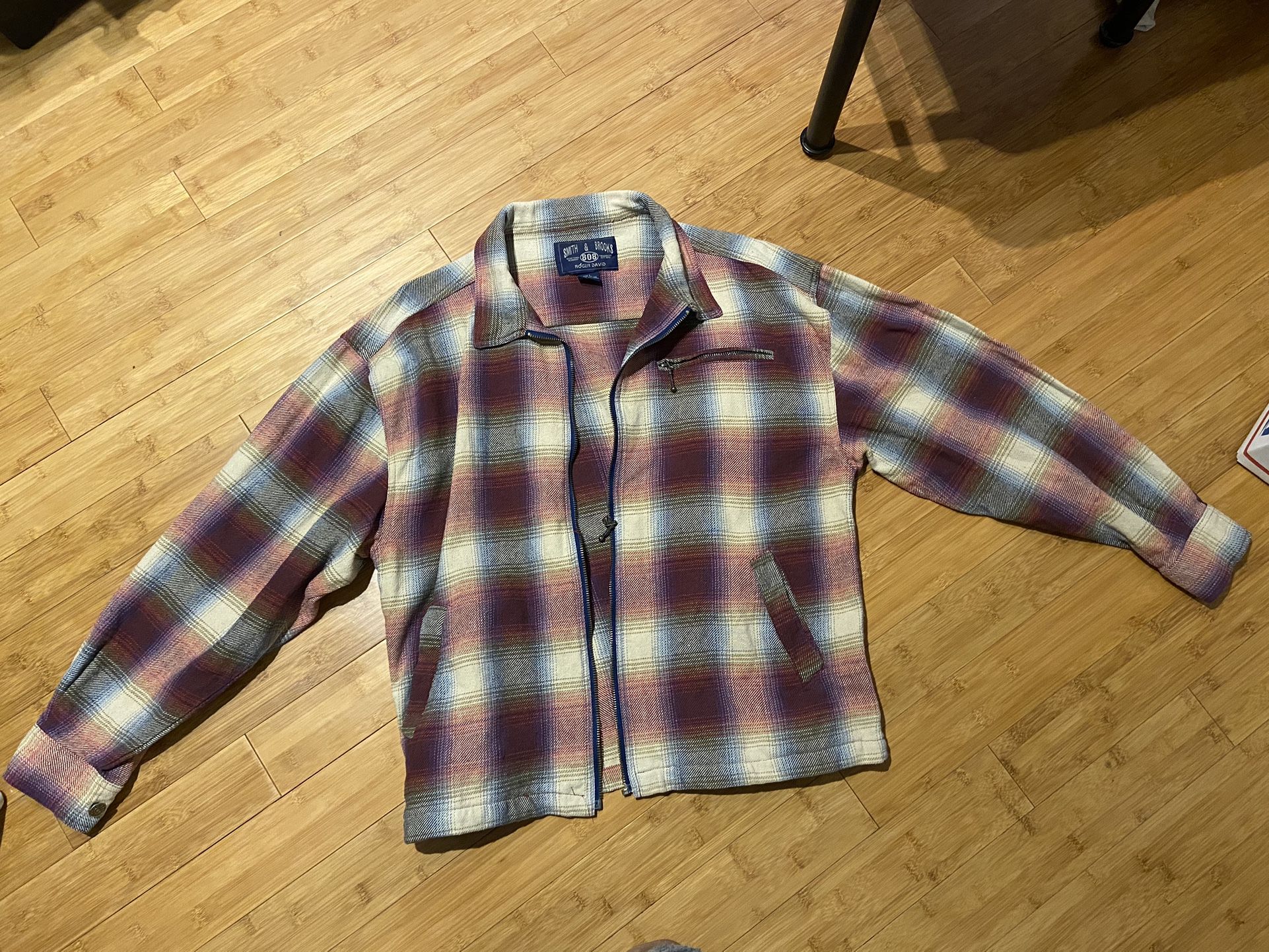 Smith & Brooks 808 Multi Colored Red And Gray Plaid Zippered Large Long Sleeve Flannel Shirt With Double Eye Cuffs and Front Pockets