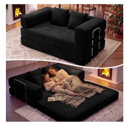Convertible Futon Sofa Bed, Boneless Couch for Living Room,Modular Futon Couch with Fixed-Shape Frame Corduroy Loveseat Sleeper Sofas with Pull-Out Co