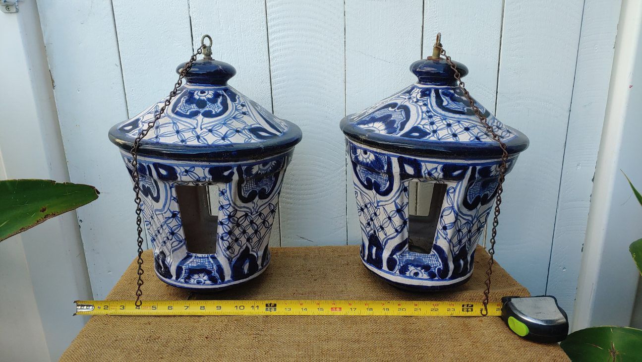 Large clay ceramic Lanterns set of 2 lantern for one price. Mexico red clay with white and blue glaze