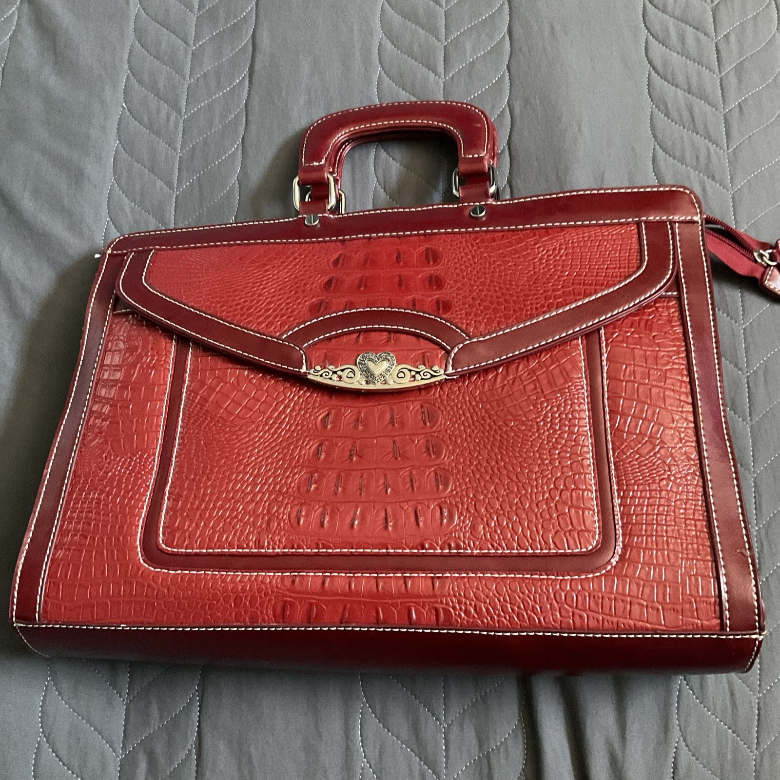 M.C. Marc Chantal Large Leather Briefcase Red Crocodile Embossed Silver Hardware