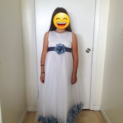 New! White Floral Blue Rose Petals Girl Dress