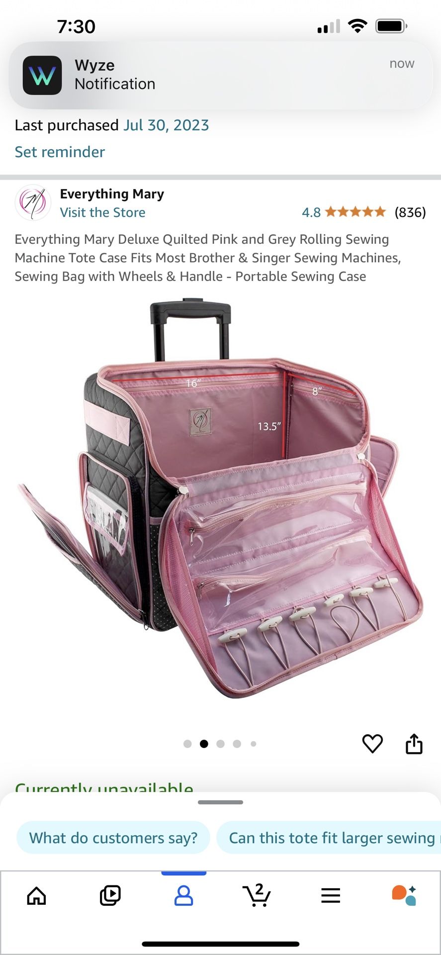 Everything Mary Deluxe Quilted Pink and Grey Rolling Sewing Machine Tote Case