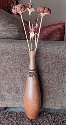 Vintage 39" Tall Wooden Floor Vase with Dried Flowers & Beaded Accent