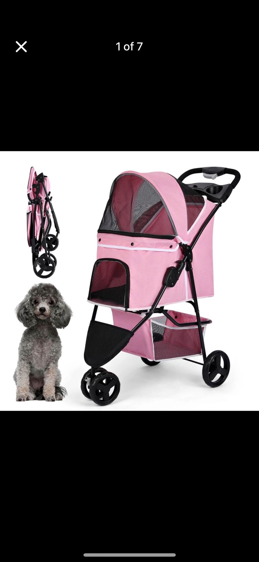 3 Wheels Foldable Pet Strollers with Storage Basket and Cup Holder for Small and Medium Cats, Dogs,