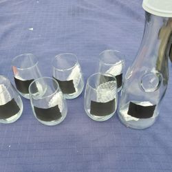 Pier 1 Set Of 6 Stemless Wine Glasses With  Wine Carafe.  Each Has Chalkboard Label And Chalk 