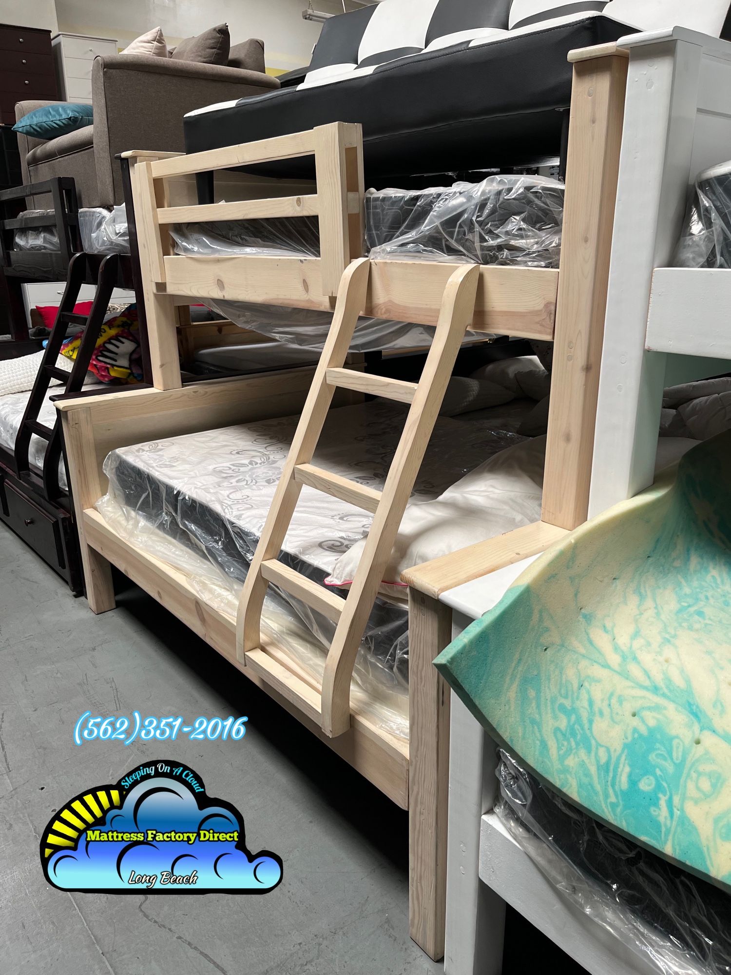 Twin / Full Solid White Wash Pine Wood Bunk Bed With Deluxe Mattresses 