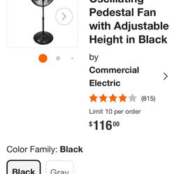 20 in. Oscillating Pedestal Fan with Adjustable Height in Black