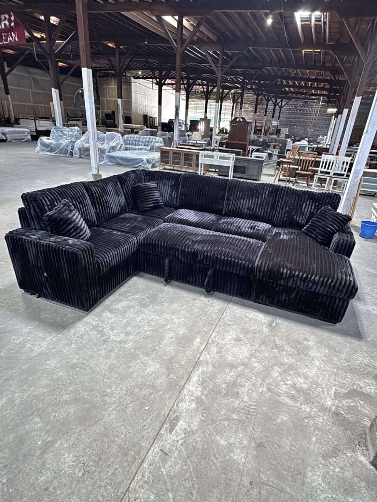 Large Black Corduroy Sleeper Sectional