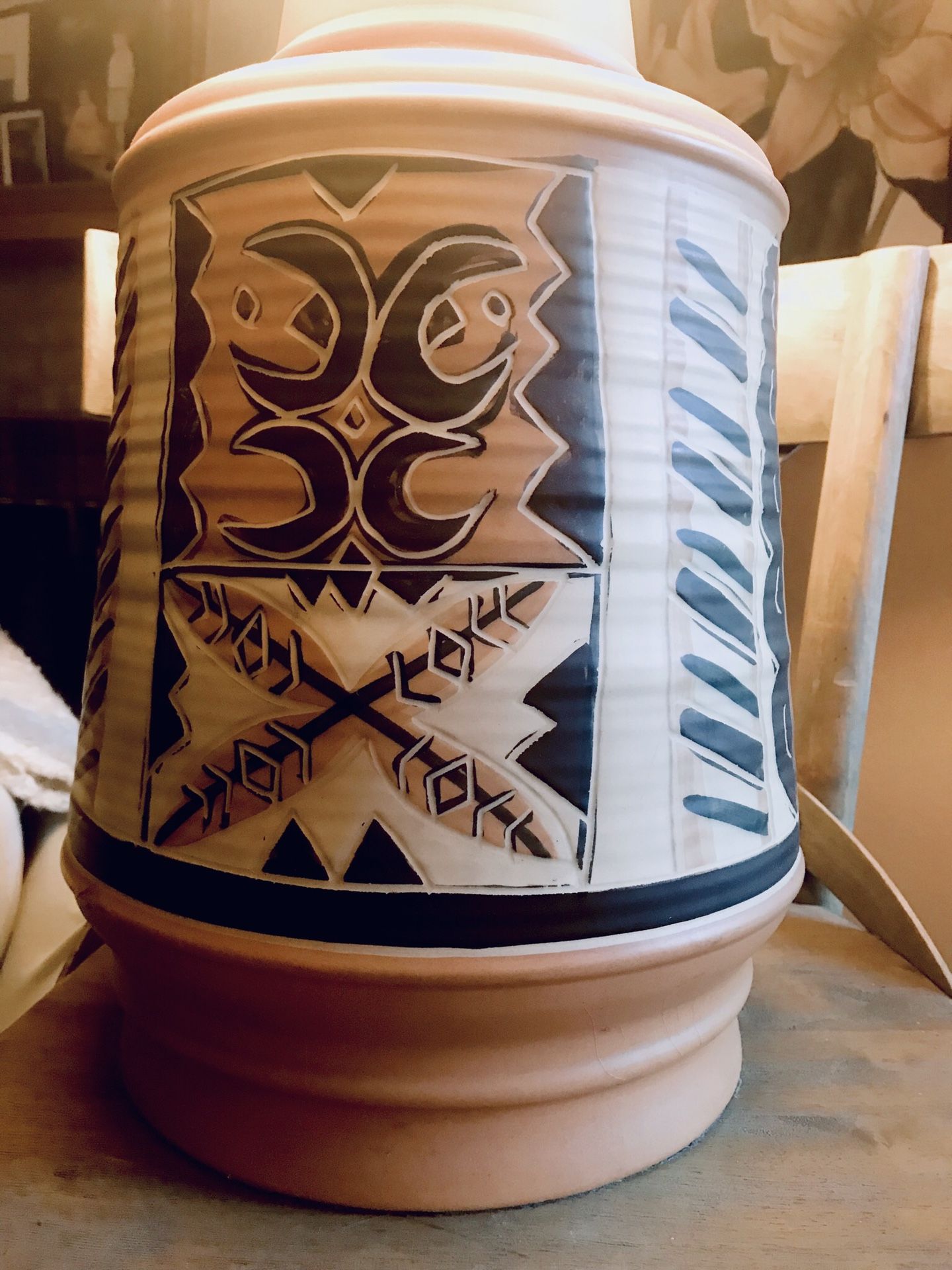 Vintage Native American Style Large Handmade Painted Terra-cotta Table Lamp