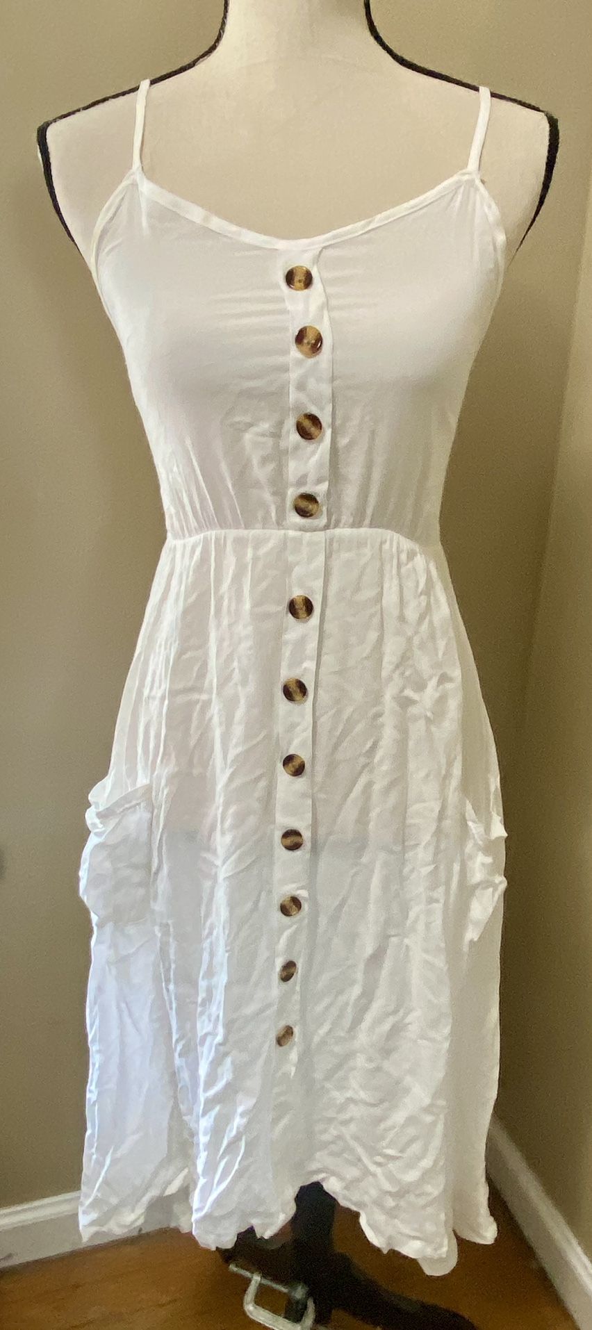 MOKINGTOP Sleeveless White Summer Dress Beach Buttons Pockets Boho Juniors S