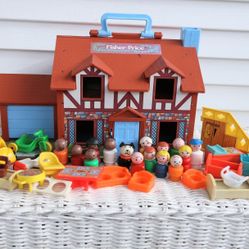 Vintage Fisher Price Little People (Circa '60's/70's) Family House Set - People, African American Family, Cars, Furniture, Nursery, Grandparents, BBQ