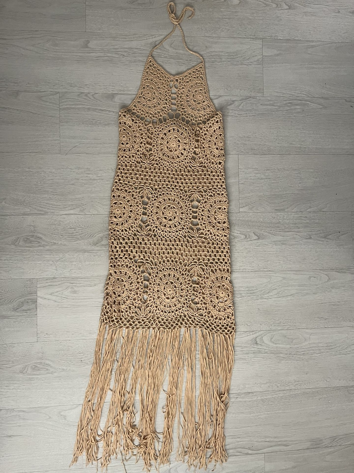 beach swimsuit brown crochet over up halter fringe dress 