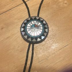 HUGE AUTHENTIC VINTAGE NATIVE AMERICAN ZUNI TURQUOISE CORAL STERLING SILVER BOLO TIE