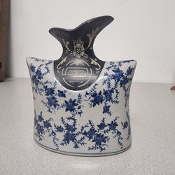 Oriental Blue & White Ceramic Vase with Calligraphy & Floral Motif, 9"

