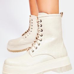 Cream Crocodile Embossed Platform Combat Boots