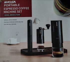 Amosa Portable Expresso N Coffee MAKER, Coffee Grinder, Foamer KIT . NEW IN BOX