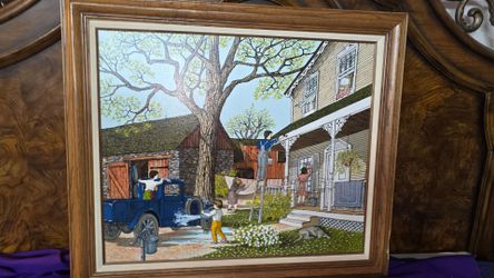 Vintage Framed Limited-Edition Serigraph on Canvas 24×20 Titled "Spring Cleaning" by American Americana artist H. Hargrove. Slight Frame Damage In One