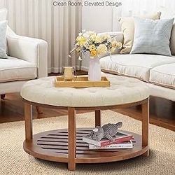 Large Round Ottoman Coffee Table, 31.9 Inch Tufted Coffee Table with Solid Wood Shelf Storage, Linen Solid Upholstered Footrest Ottoman for 