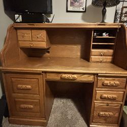 Oak wood Computer roll top desk With Plenty If Storage