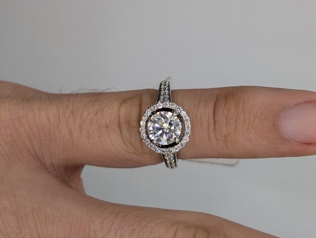 14kt White Gold & 1.51ct Round Diamond SI2 G Center Stone with .50ct tw Diamonds surrounding