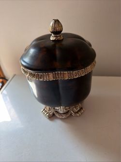 Vtg Black/Brown Ceramic Covered Jar Urn Silver Tone Ornate Trim Claw Feet Finial OBO
