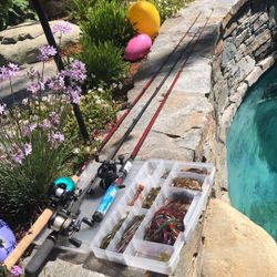 Three Casting Fishing Rods with Reels (Daiwa,Abu Garcia Ambassador) with Box full of Plastic.