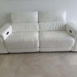 White Leather Reclining Sofa With USB Charge Station
