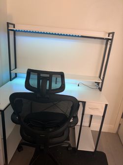 White Desk w/ LED Lights + Ergonomic Office Chair – $140 for BOTH