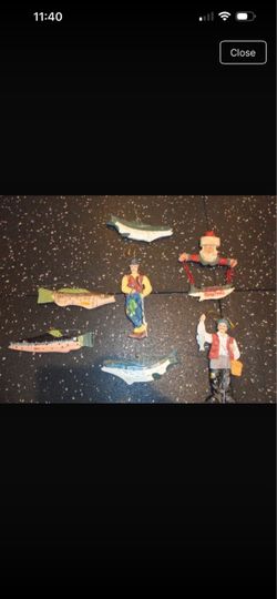 Christmas Fishing Ornaments Lot of 7 wooden Santa Fish Fisherman